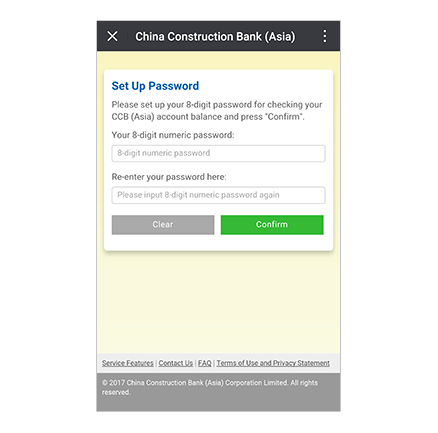 After validation of the OTP, set up an 8-digit numeric service password and click Confirm
