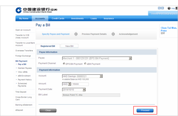 select a specific payee. enter the payment information and click 'proceed'.