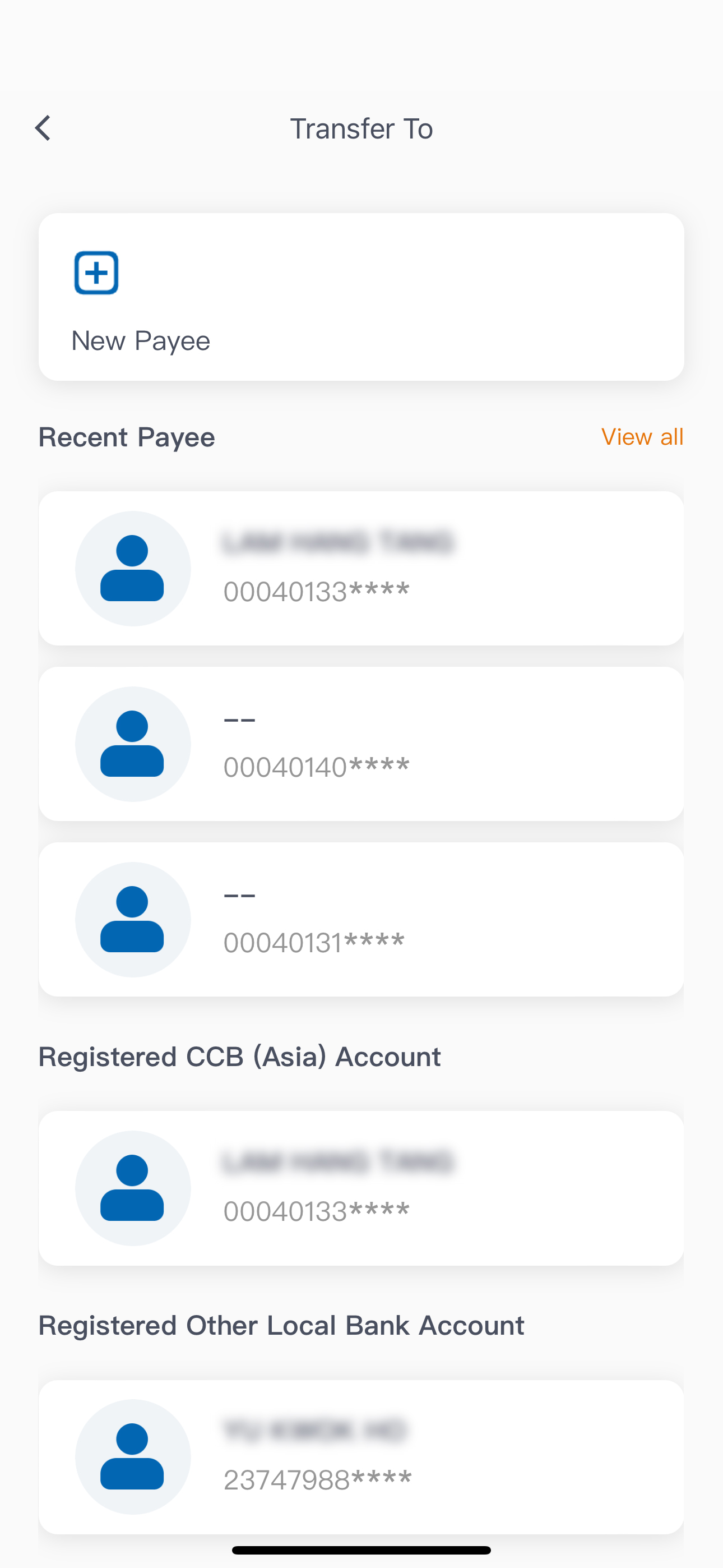 step 3 Complete Fund Transfer - Select payee under New Payee,  Recent Payee, Registered CCB (Asia) Account or Registered Other Local Bank Account