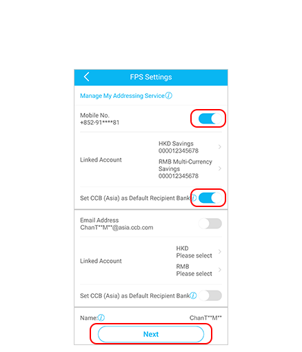 step 4, select 'FPS Setting' under 'transfer/FPS setting & query' to Activate the Addressing service. Turn on the relevant functions and choose the linked account. Tap 'next' to proceed.