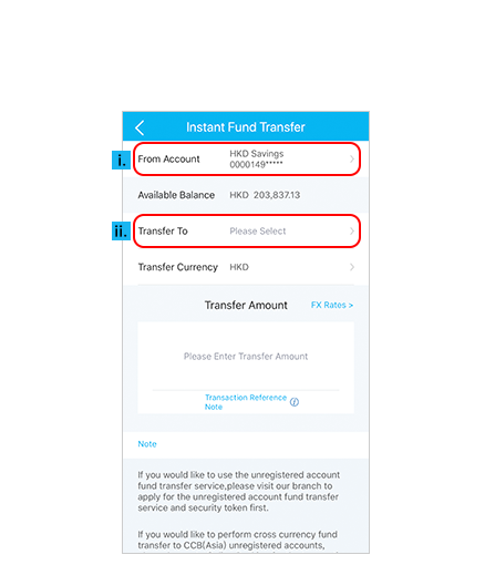 step 2, i. select an account under 'from account'. ii. select payee under 'Transfer to'