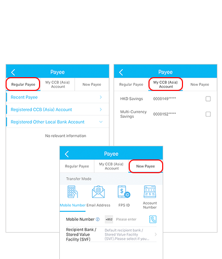 step 3, select payee under 'regular payee', 'my CCB(Asia) account' or 'new payee'